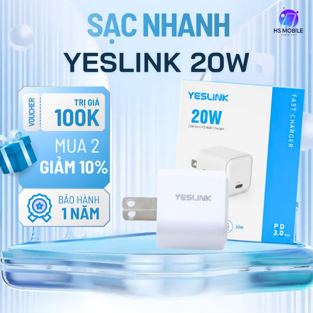 Củ sạc nhanh YESLINK 20W UFB-C công nghệ GaN Thiết kế nhỏ gọn, sạc PD cho các dòng điện thoại