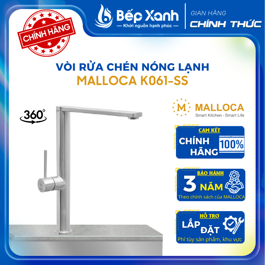 Vòi Rửa Chén Malloca K061-SS - 2 Nguồn Nóng Lạnh - Chất Liệu Inox 304