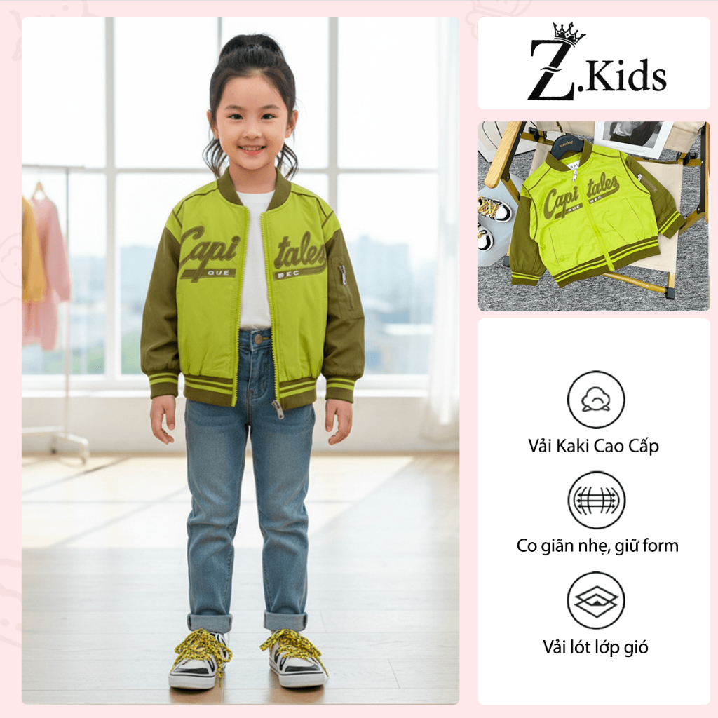Áo Khoác Bomber Z Kids Chữ Capitales Bé Trai/Gái (Sz 5-13) Vải Thô Xanh Lá 23532
