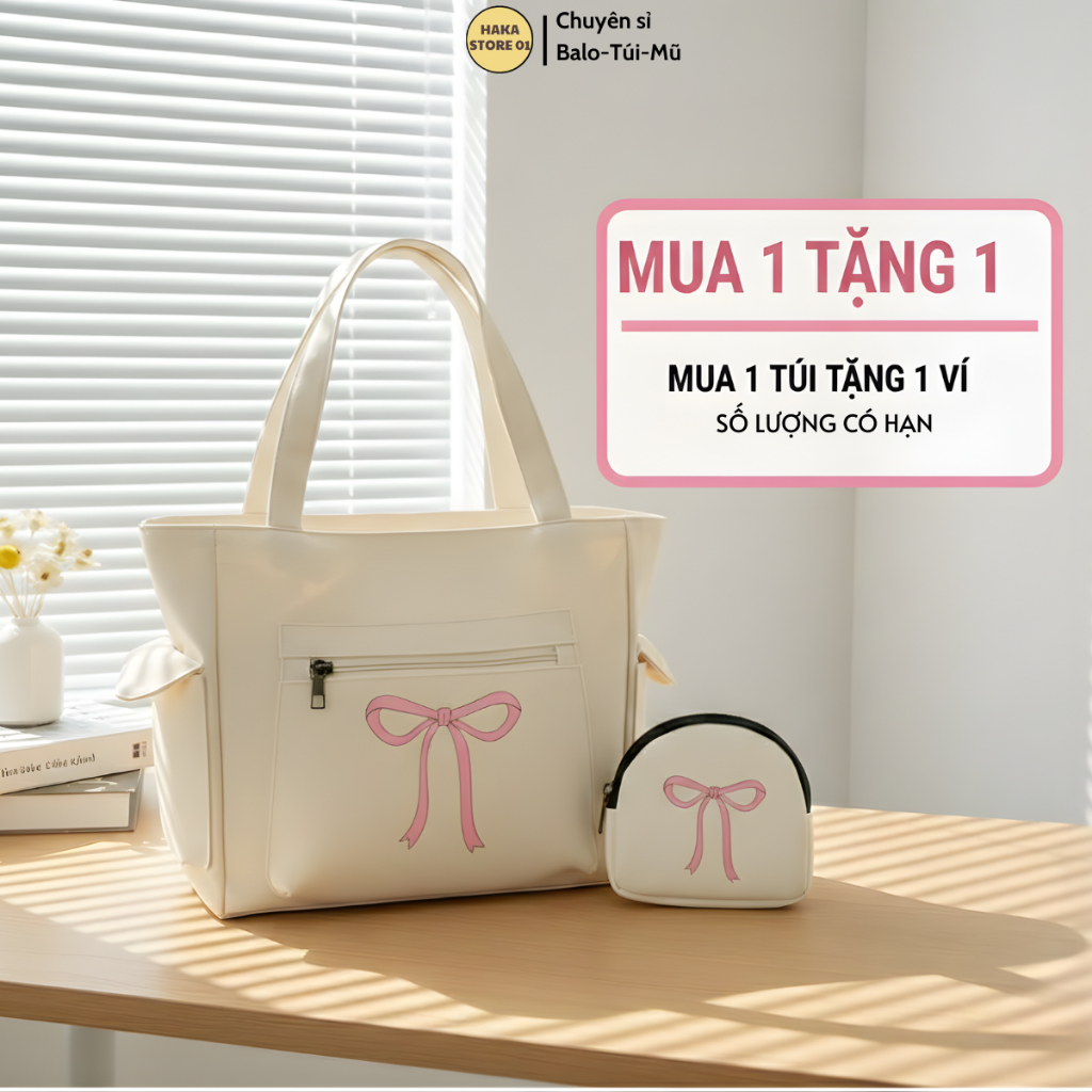 Haka-Tặng ví cầm tay mini Túi tote túi vải canvas phong cách Hàn Quốc có khóa miệng ngăn phụ thời trang ulzzang