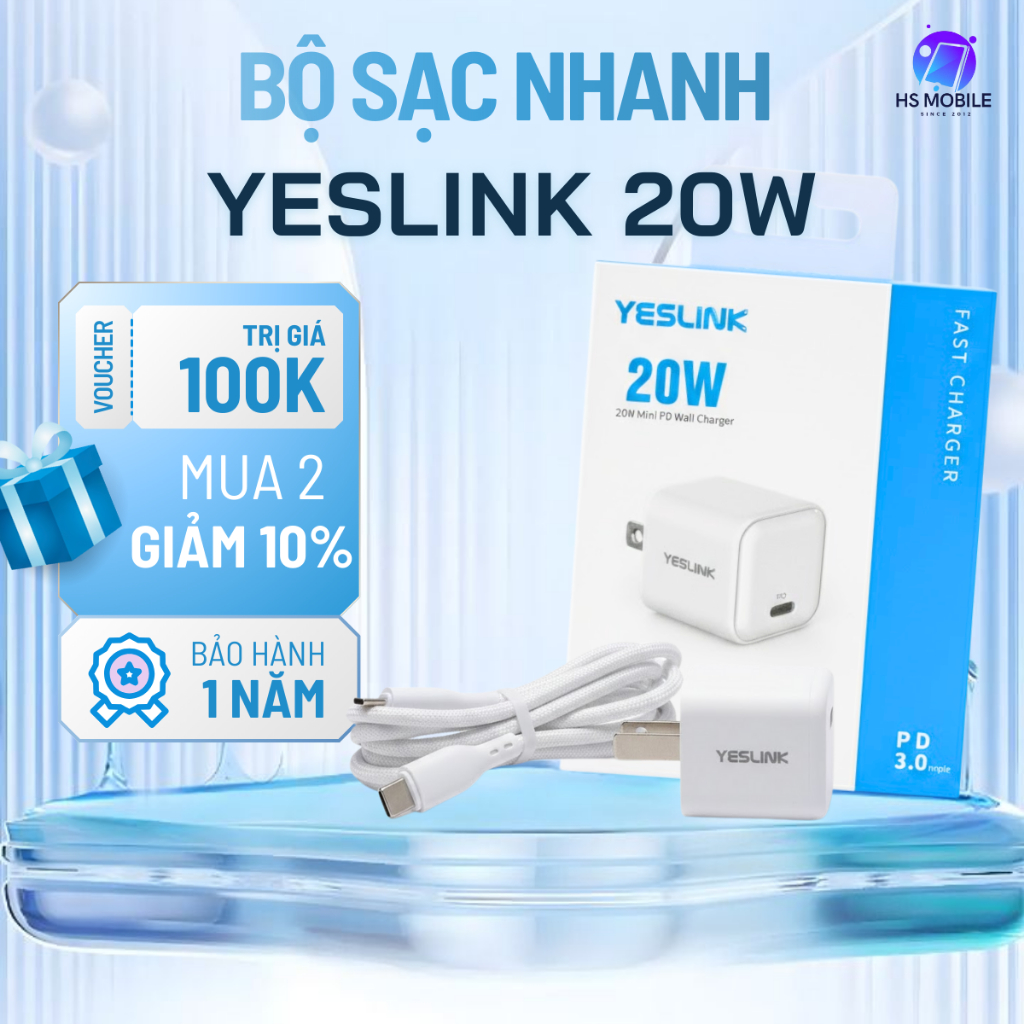 Bộ sạc nhanh YESLINK 20W kèm dây dù – Sạc nhanh chuẩn PD cho iPhone 15 16 Pro Max, cáp bền chắc