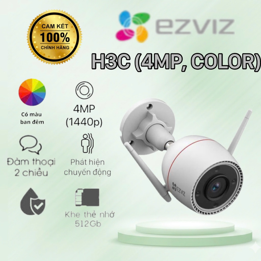 Camera EZVIZ H3C 2K+ WiFi thông minh ngoài trời 4MP, CÓ MÀU, CỐ ĐỊNH