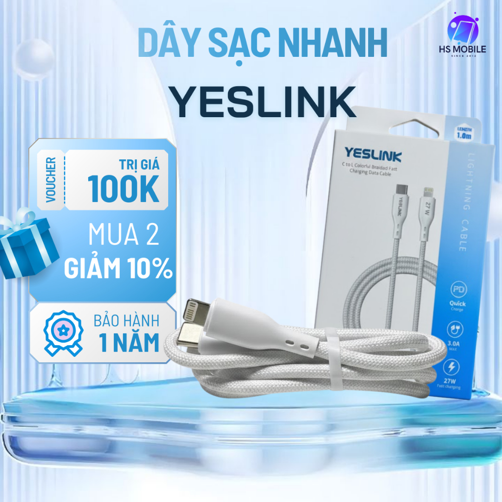 Dây sạc nhanh YESLINK 27W chân C-L – Cáp sạc PD dùng cho iPhone 8 đến 14, chống đứt, bền bỉ