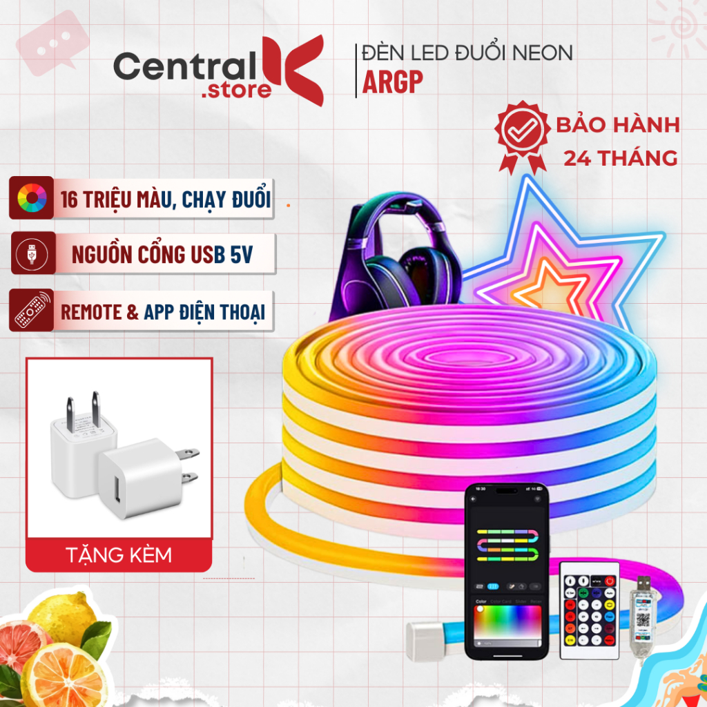 Đèn Led NEON Flex aRGB Chạy Đuổi, Cảm biến âm thanh, App & Điều Khiển. Tặng kèm nguồn