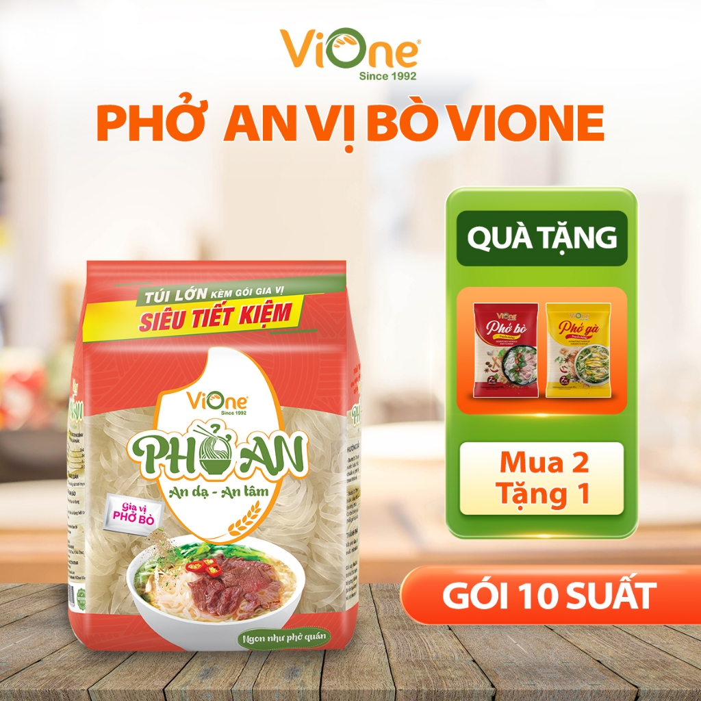Phở khô kèm gia vị phở bò ViOne, phở An gia vị bò gói 10 suất, phở gói kèm gia vị bò tiện lợi