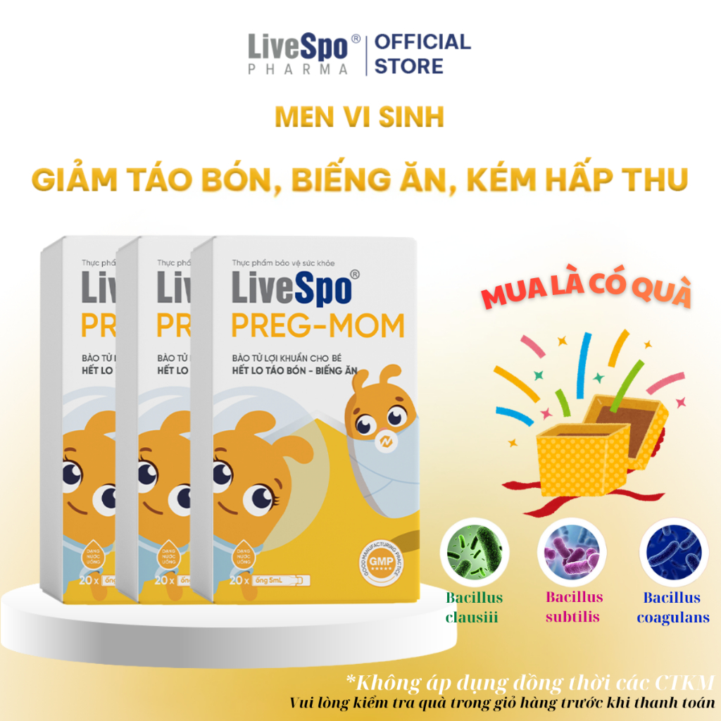 Combo 3 Pregmom (20 ống) - Men vi sinh bào tử lợi khuẩn cho bé táo bón, biếng ăn, rối loạn tiêu hóa