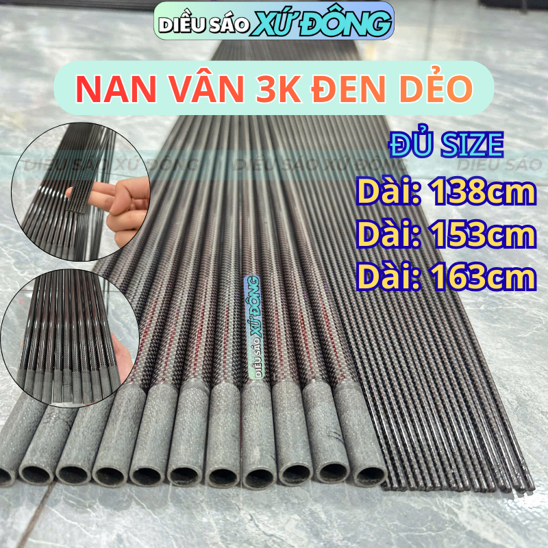 Nan Cacbon Vân 3K Đen Dẻo Đủ Size 138cm 153cm 163cm Làm Diều Bao Bão