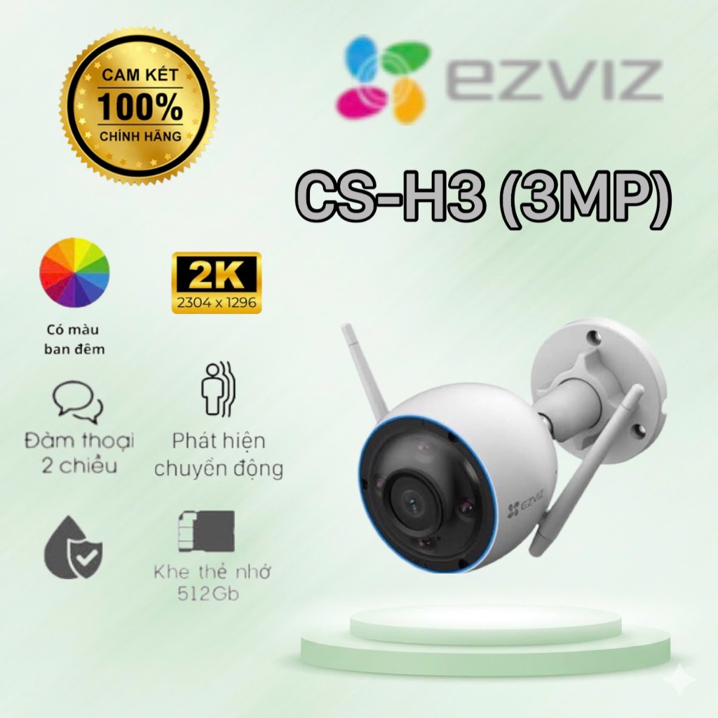Camera WiFi EZVIZ H3 2K (3MP) thông minh ngoài trời, CỐ ĐỊNH