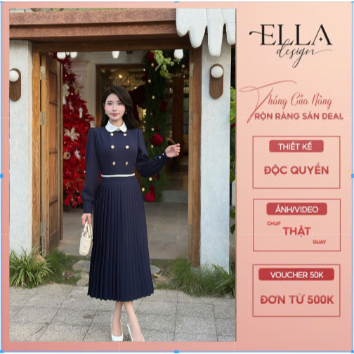 Váy Đầm Liền Thiết Kế Ella Desgin nữ kiểu dáng midi, cổ bẻ phối trắng, chân váy dập ly phù hợp mặc đ