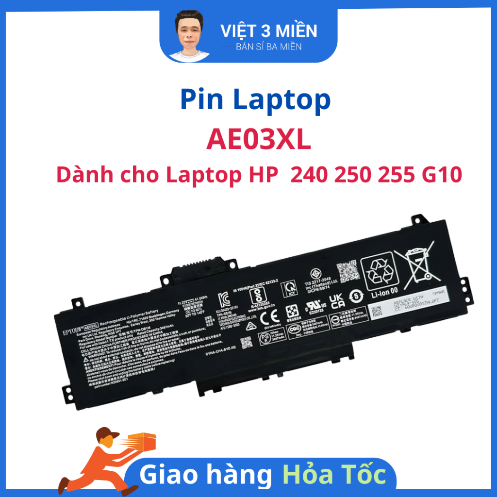 Pin Laptop AE03XL Dành cho HP 240 250 255 G10– Zin Tháo Máy – Sức Khỏe 9X - Bán cho thợ gắn máy hoặc