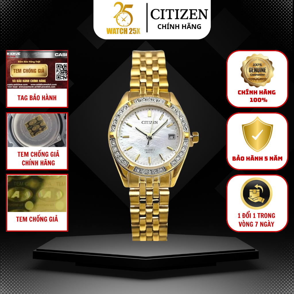 Đồng Hồ Nữ Citizen EU6062-50D Quartz | Watch25x | Dây Kim Loại Mạ PVD | Mặt Trắng Khảm Trai
