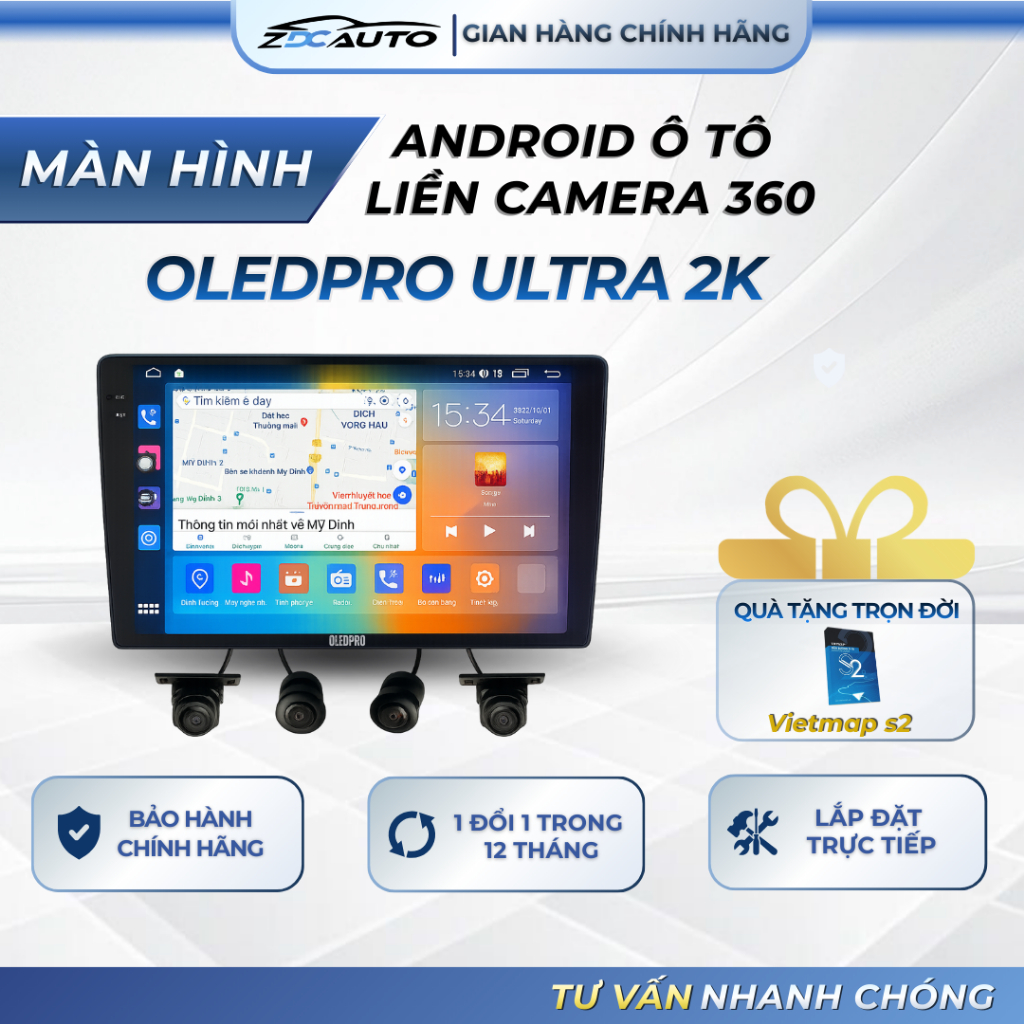 Màn Hình Android Ô Tô OLEDPRO Ultra 2k LIỀN CAMERA 360 | TẶNG VIETMAP S2 TRỌN ĐỜI | 1 ĐỔI 1 12 THÁNG