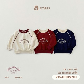  Áo Nỉ Cho Bé Embes Áo Nỉ Dài Tay In Hình Phối Viền Chất Nỉ Dày Mặc Thu Đông Cho Bé Size Từ 8-18Kg 