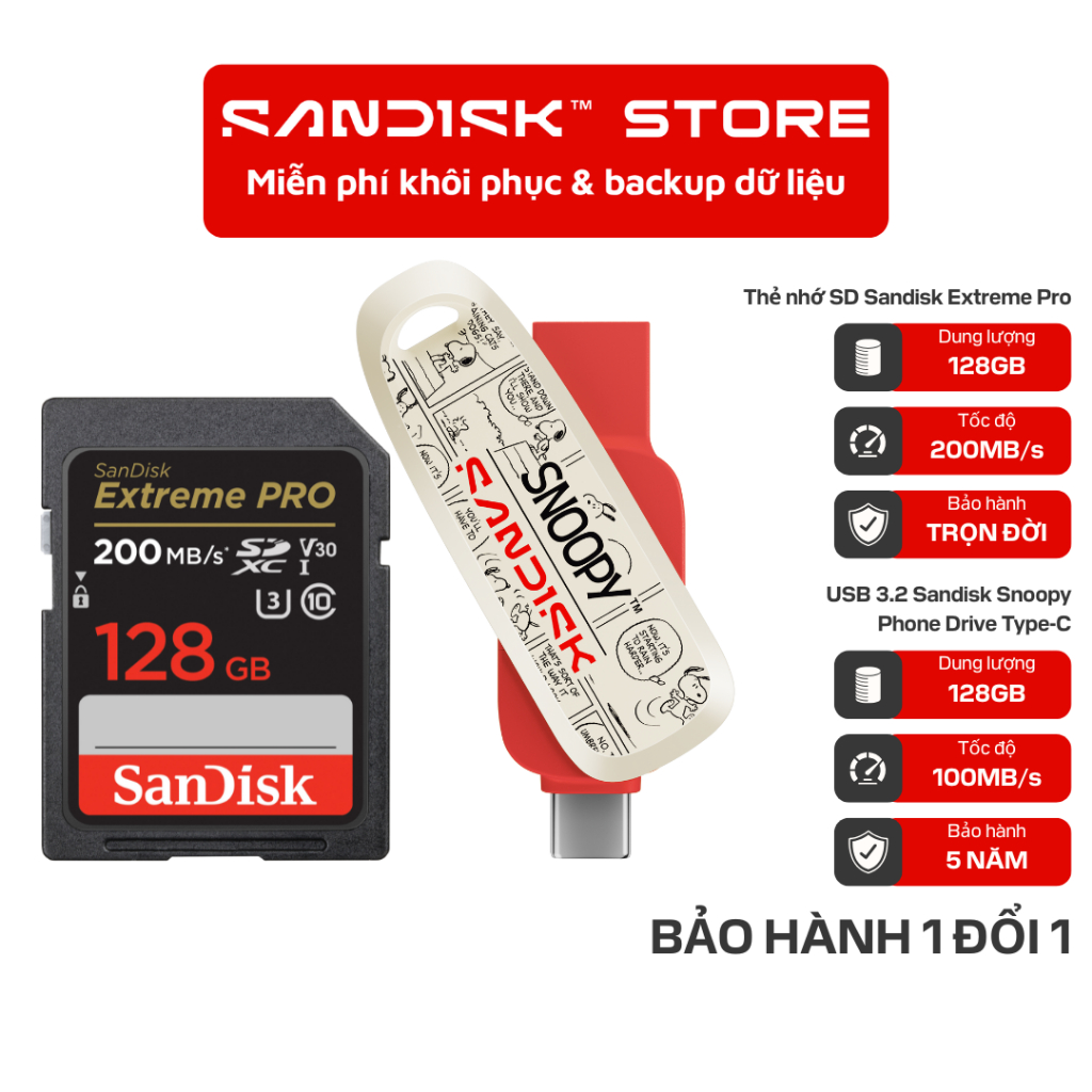 Combo Thẻ nhớ SD Sandisk Extreme Pro 128GB và USB 3.2 OTG Sandisk Snoopy Phone Drive Type-C SDDDC6 1