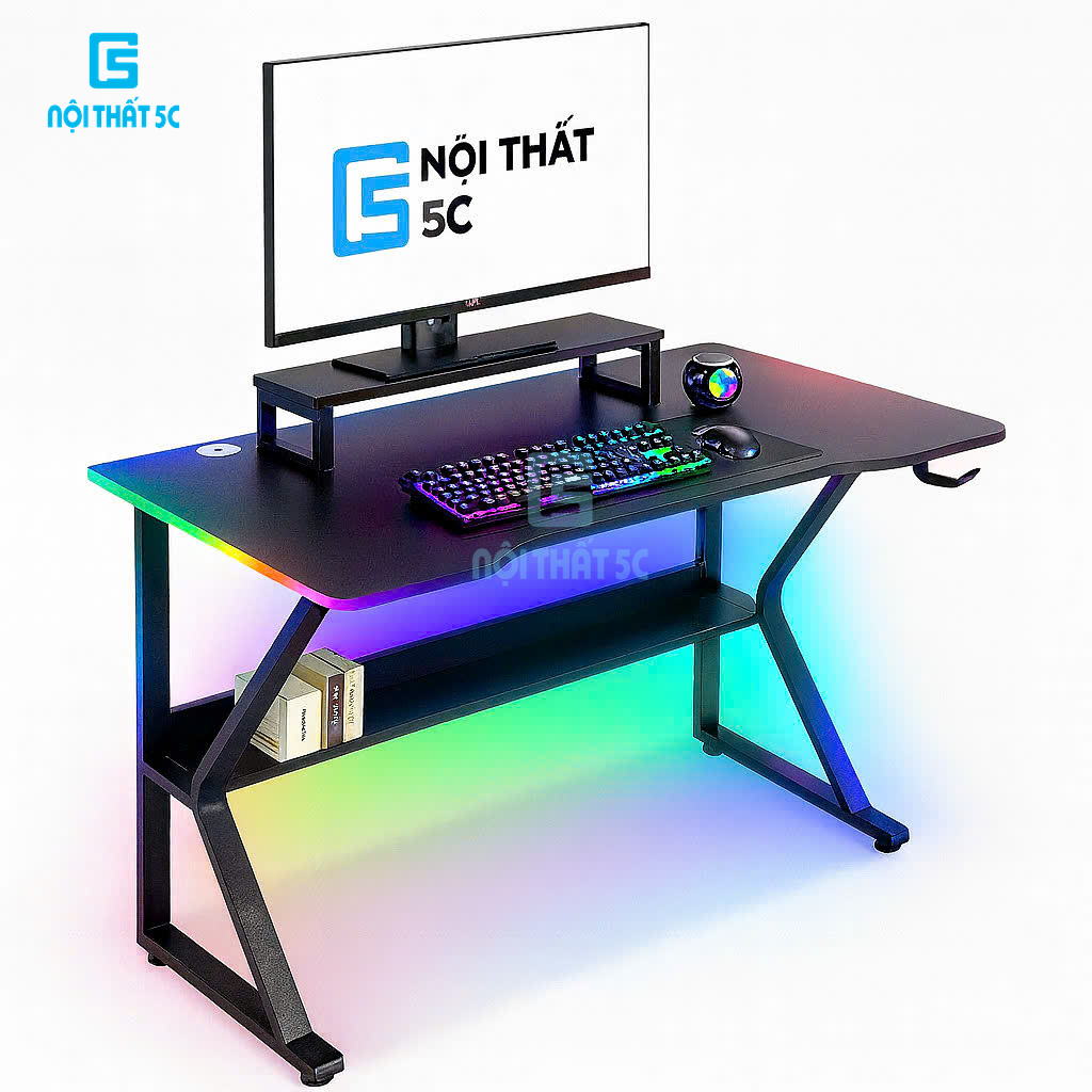 Bàn gaming chữ K kèm kệ sách 2 tầng có đèn LED RGB 26 triệu màu, bàn làm việc học tập chân sắt 2x4cm chắc chắn chống gỉ | BigBuy360 - bigbuy360.vn