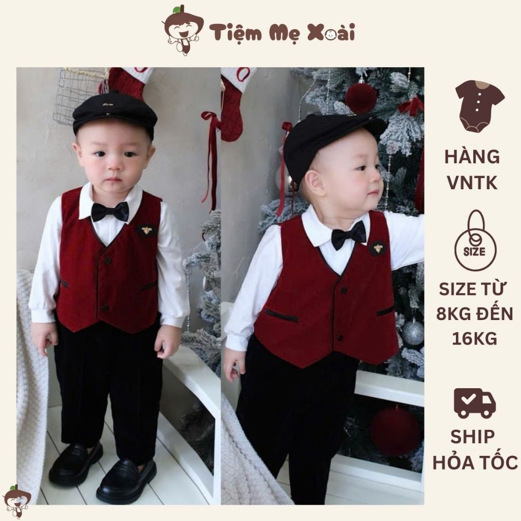 Set Vest Nhung Đỏ Bé Trai – Sơ Mi Trắng + Vest + Quần Tây | Đồ Công Tử Dự Tiệc – Noel – Sinh Nhật (8