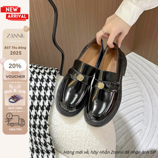  Giày Lười  Loafer Nữ Da Mềm Trang Trí Họa Tiết Đồng Xu Hoa Trà Đế Cao 3cm Dễ Phối Đồ 