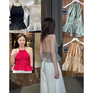  3 LỚP  6 màu áo cổ yếm chất tơ sống mềm mướt nhún eo đuôi xoè khoe vai trần lưng cột dây video shop tự quay DOLA TOP 