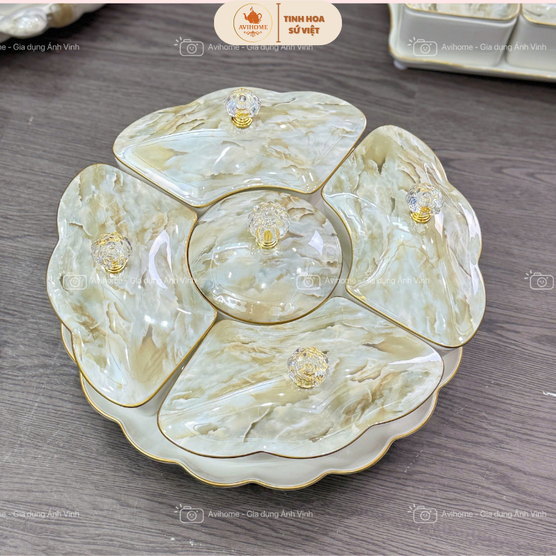 Khay Mứt Sứ Vân Đá - Khay Sứ 5 Hũ Nắp Vân Đá  Kèm Khay Tròn Xoay Sang Trọng - Decor Tết