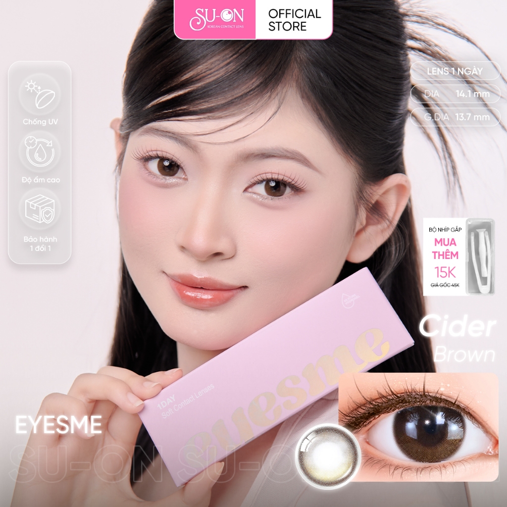 Lens 1 ngày EYESME CIDER BROWN giãn tròng nhẹ Dia 14,1mm, nâu gỗ trong siêu tự nhiên, siêu êm đeo 24