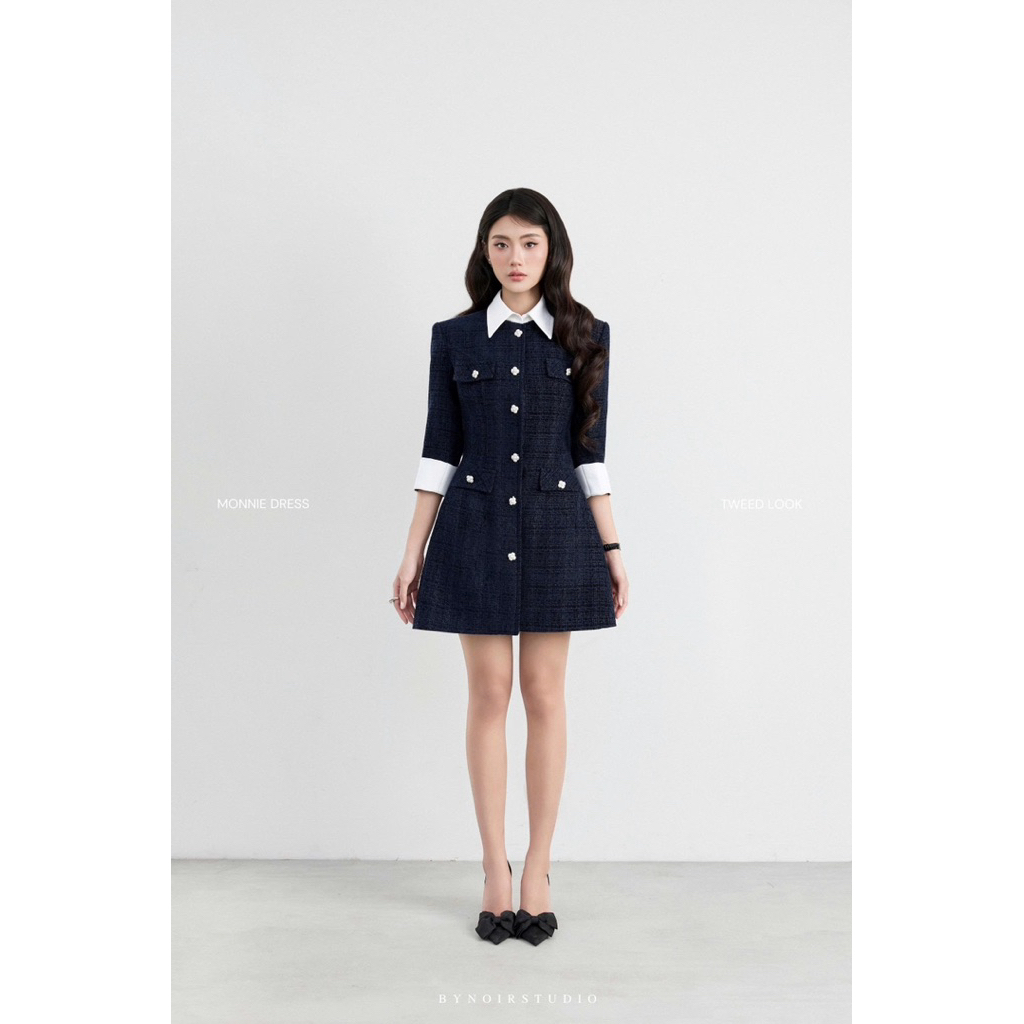 Monnie Dress 25 - Váy dạ tweed phối cổ trắng cúc đá Bynoir Studio