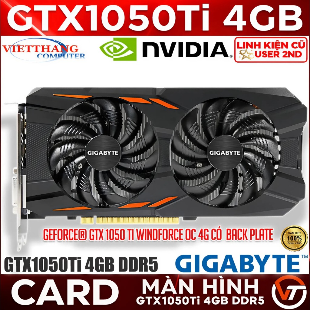 VGA - Card Màn Hình Gigabyte GeForce® GTX1050Ti Windforce OC 4GB có Back Plate Cũ đẹp ( Cũ - 2nd )