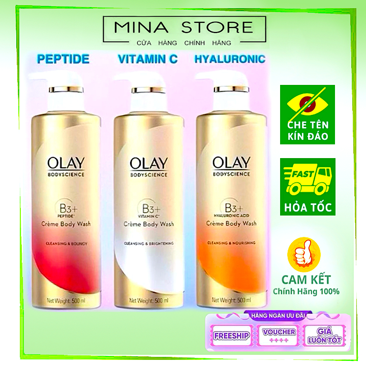 Sữa tắm Olay B3 dưỡng trắng da Retinol/Peptide/Vitamin C 500ml nội địa Thái Lan dưỡng ẩm, chống lão 