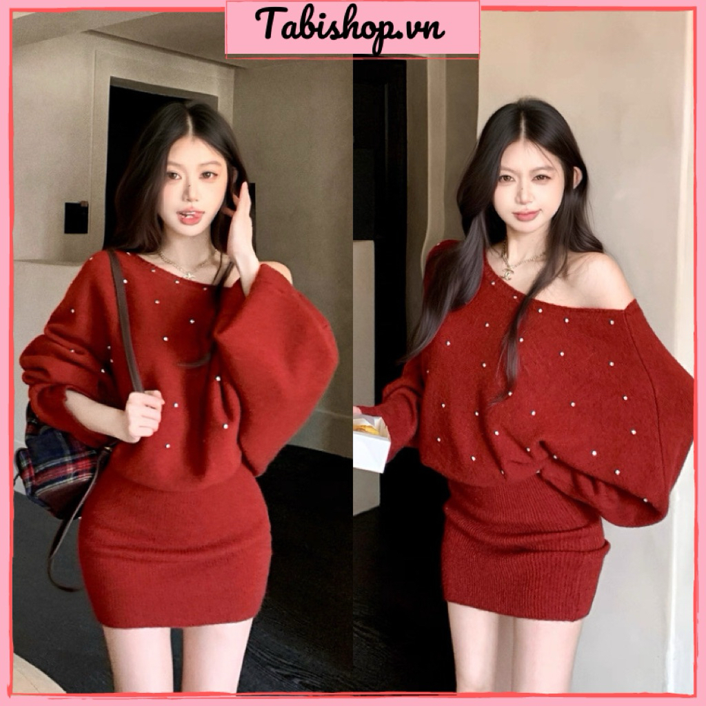 Đầm body đỏ tay cánh dơi đính hạt TABISHOP Váy body lệch vai mặc noel tết tôn dáng(270)