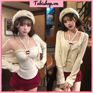  Set áo quây đính nơ phối khoác ngoài kèm chân váy đỏ TABISHOP Set đồ nữ dễ thương mặc đi chơi noel tết siêu xinh 273  