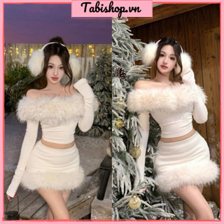  Set áo croptop trễ vai kèm chân váy ngắn ôm body phối lông TABISHOP Set đồ nữ sang chảnh mặc đi tiệc noel đi chơi 276  