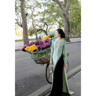  Set áo dài gấm lụa hoạ tiết xanh ngọc cổ thuyền nhẹ nhàng thanh lịch có bigsize 