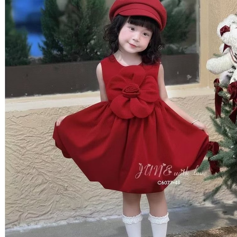 Váy đầm đỏ nhung hoa 3D June hàng tết Noel (1-10)