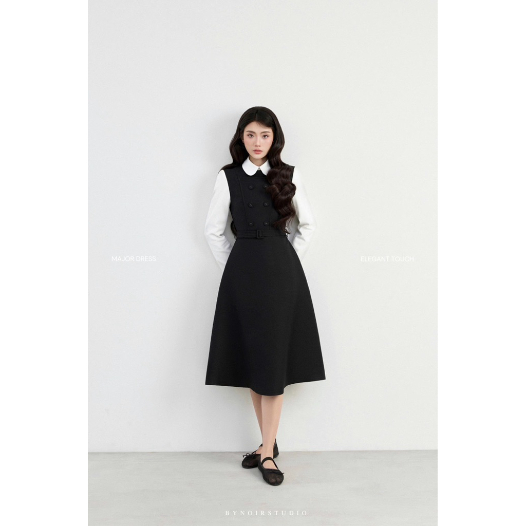 Majori Dress - Váy cổ bèo phối tay trắng dáng dài Bynoir Studio