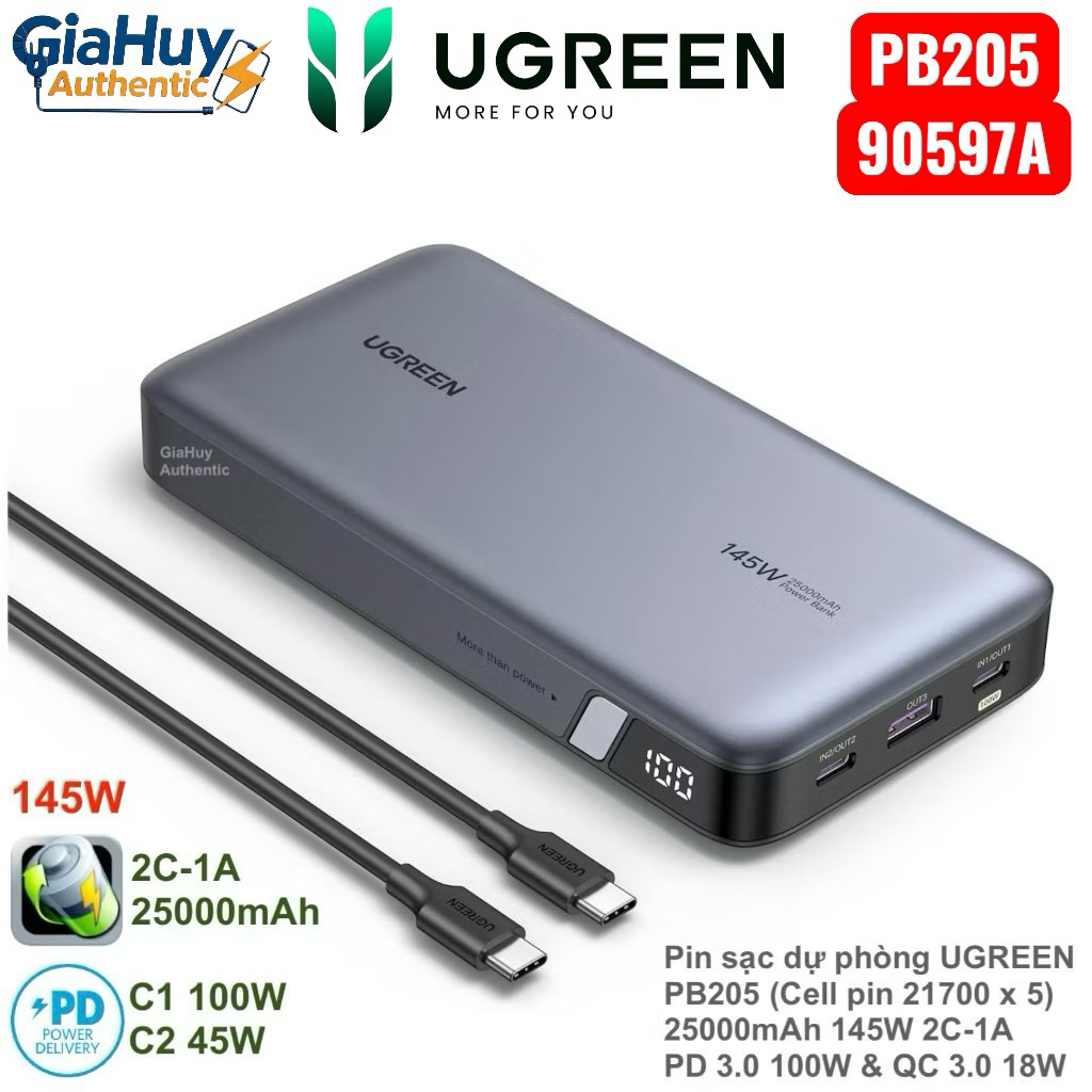 Pin sạc dự phòng UGREEN PB205 25000mAh 2C-1A 145W PD 3.0/ QC 3.0 - Hàng Chính Hãng ủy quyền