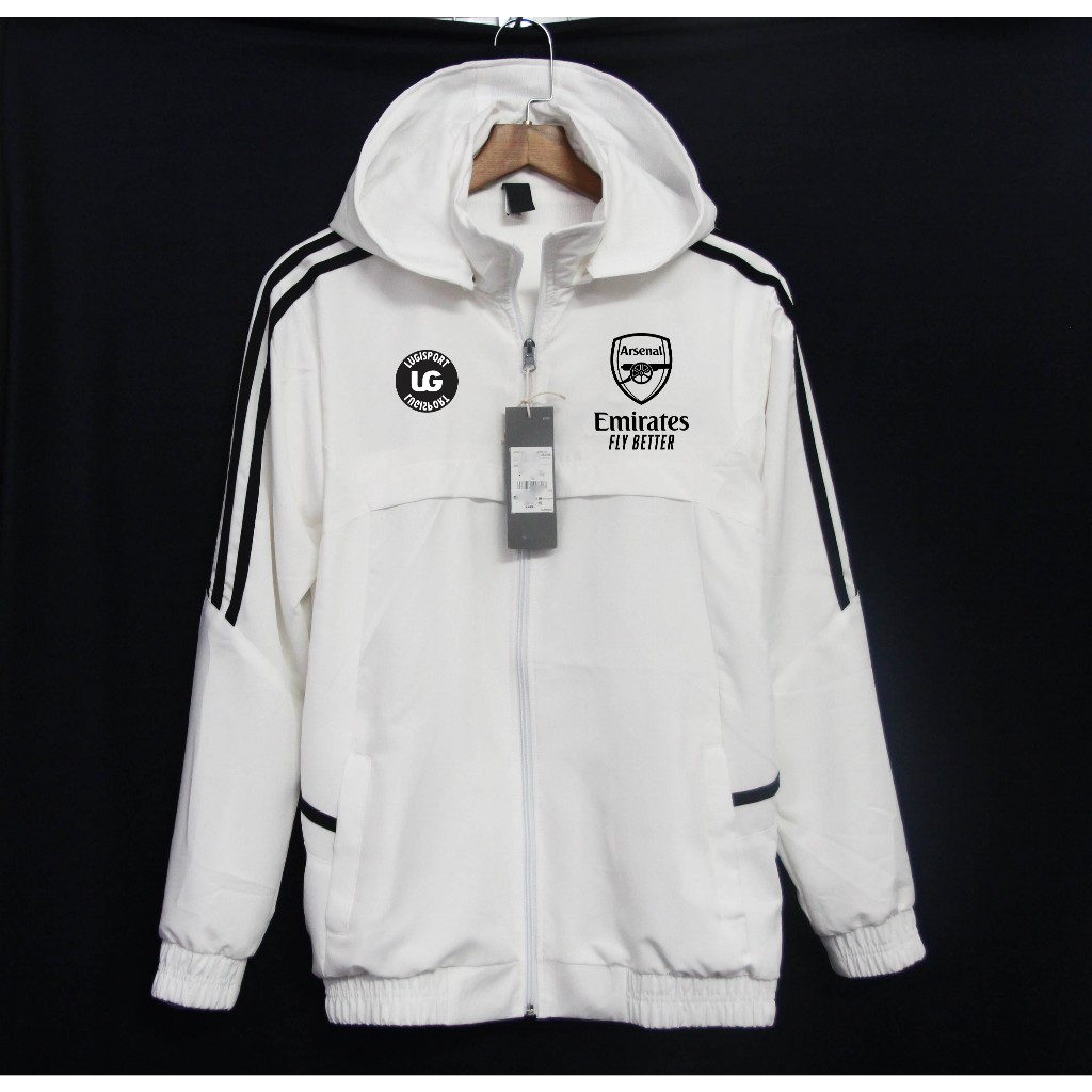 [lưng trơn] Áo khoác gió clb Arsenal 2025 màu trắng đen nón tháo rời