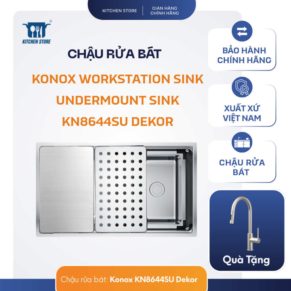 Chậu Rửa Bát KN8644SU Dekor – Workstation Inox 304, Lắp Âm, Chống Xước Kitchen Store Hàng Chính Hãng