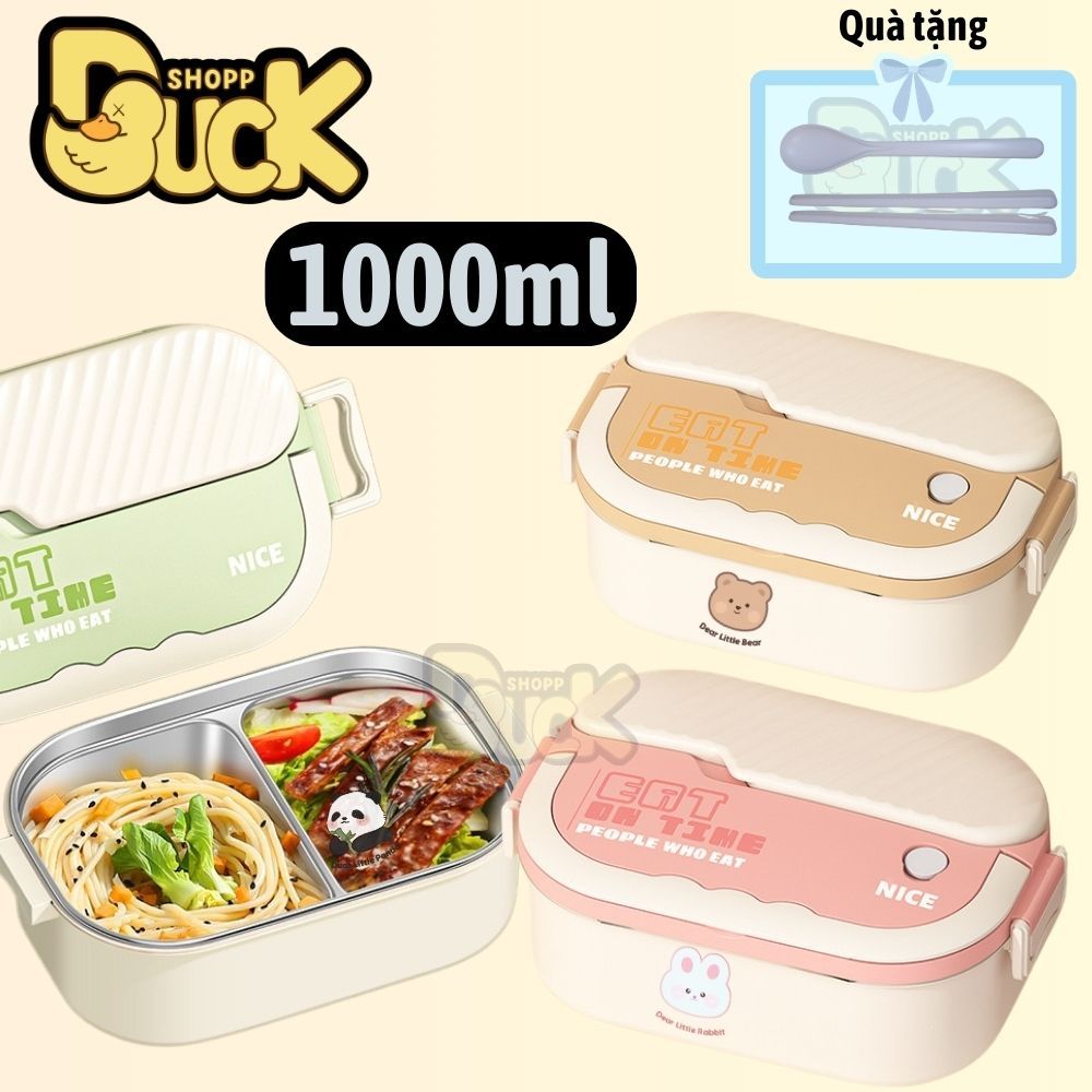 Hộp Cơm Trưa 2 Ngăn Giữ Nhiệt Văn Phòng 1000ml - Hộp Cơm inox 304 (Tặng kèm muỗng đũa) | BigBuy360 - bigbuy360.vn