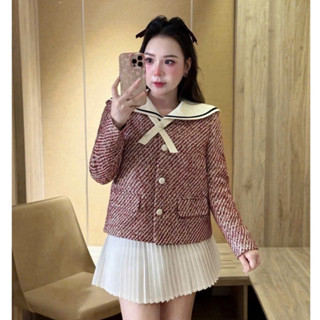  Set đồ nữ sang chảnh áo khoác dạ cổ thủy thủ dài tay phối chân váy dập ly xòe ngắn thiết kế thu đông sang LEVAN Jennies 