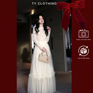  Set Áo Ren Chân Váy Lưới Dài Có Hai Lớp- Hàng Thiết Kế- Màu Be Vàng- TYCLOTHING 