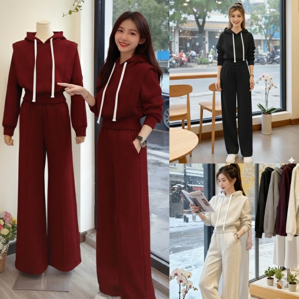 Bộ Áo Hoodie Nỉ Có Mũ Màu Đỏ , Đen, Xám , Quần Suông Thời Trang Nữ Thu Đông, Chất Nỉ 2 da cao cấp