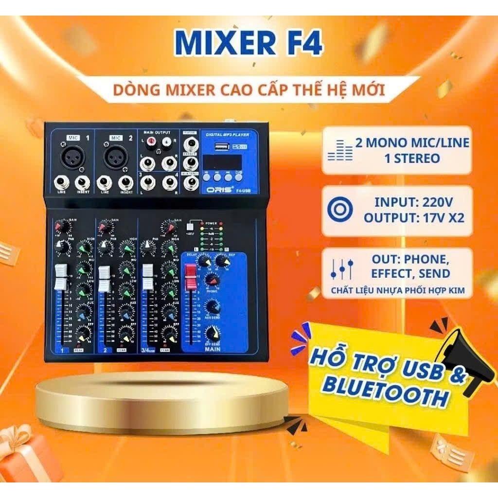 Mixer Livestream Bluetooth oris F4-USB bảo hành 12 tháng, bộ hòa trộn giúp nhận diện và xử lý chuyên
