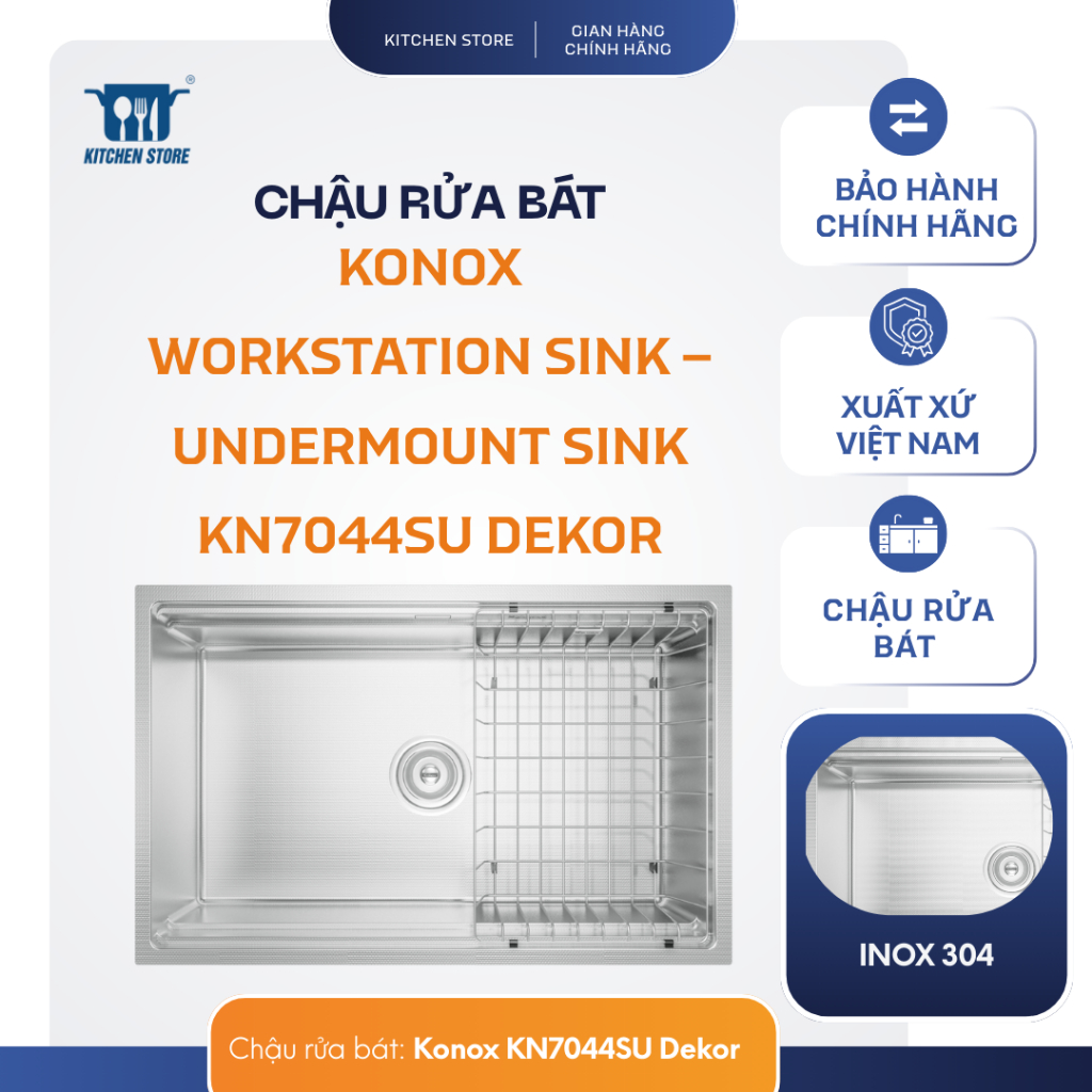 Chậu Rửa Bát KN7044SU Dekor – Workstation Sink, Undermount, Inox 304, Chống Xước, Full Phụ Kiện Kitc
