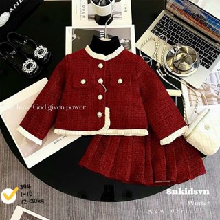  Set Váy Dạ Đỏ Tiểu Thư Diện Tết Cho Bé Gái – Áo Khoác Dạ Nhung & Chân Váy Xếp Ly Sang Trọng Đồ Bé Gái Đi Chơi Tết 