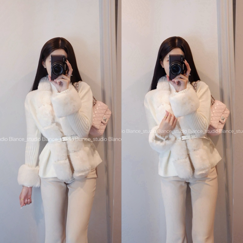 BLANCE STUDIO/ Áo len cổ lông dáng cardigan hàng qccc