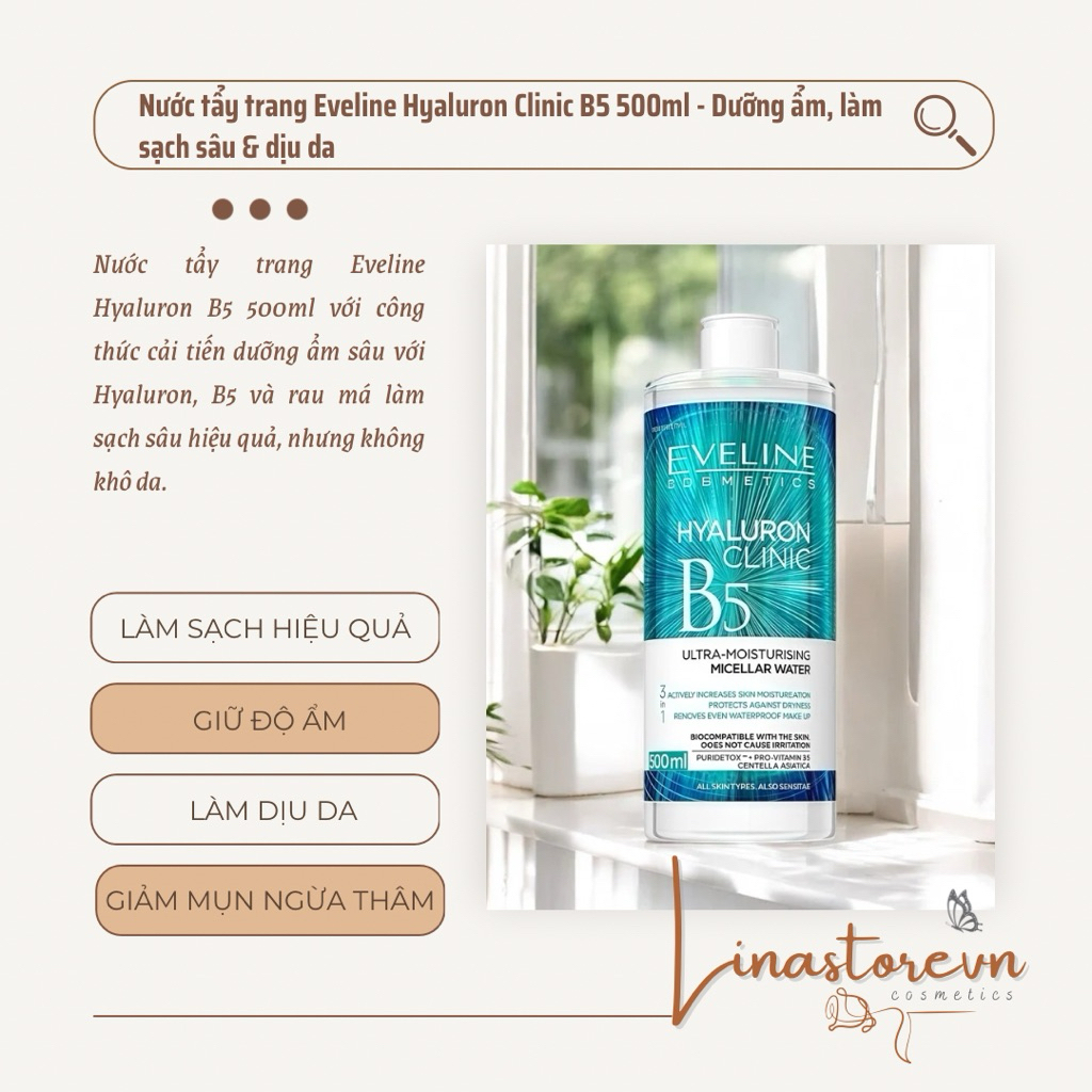 Nước tẩy trang Eveline Hyaluronic Clinic B5 dưỡng ẩm da 500ml