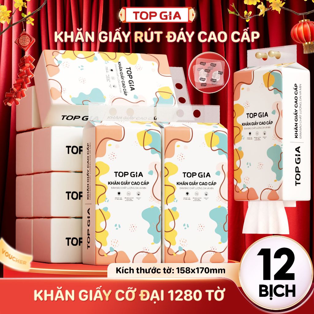 [SIÊU TO - TIẾT KIỆM] Combo 12 Bịch Khăn Giấy Top Gia Đa Sắc 1280 Tờ 4 Lớp Giấy Rút Mềm Mịn Dày Dai
