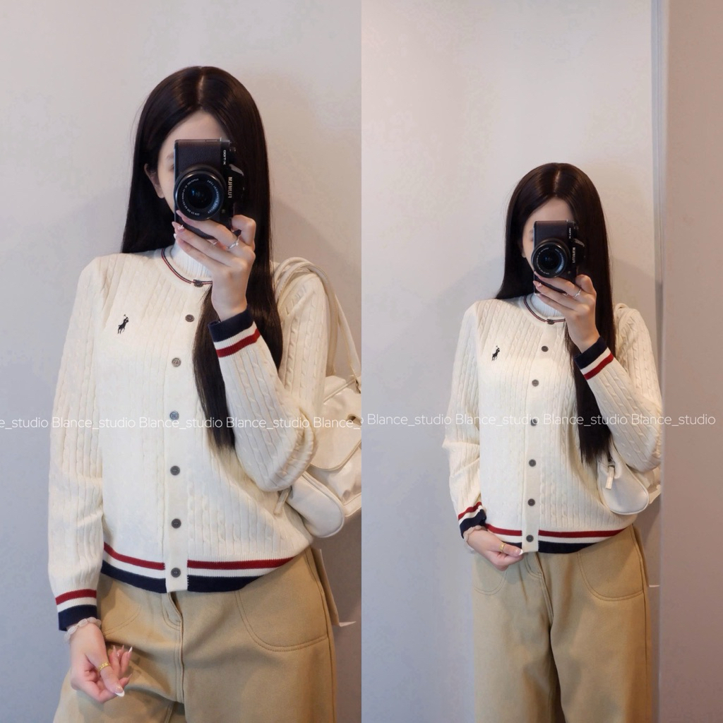 BLANCE STUDIO/ Áo len dệt kim kẻ đỏ dáng cardigan
