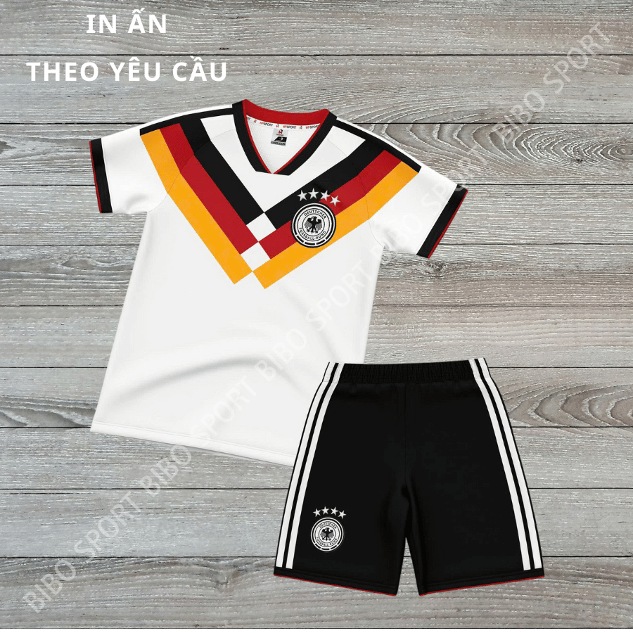 Quần Áo Bóng Đá Đức Trắng Trẻ Em - Vải Mè HP– In Tên Số Theo Yêu Cầu BIBO SPORT