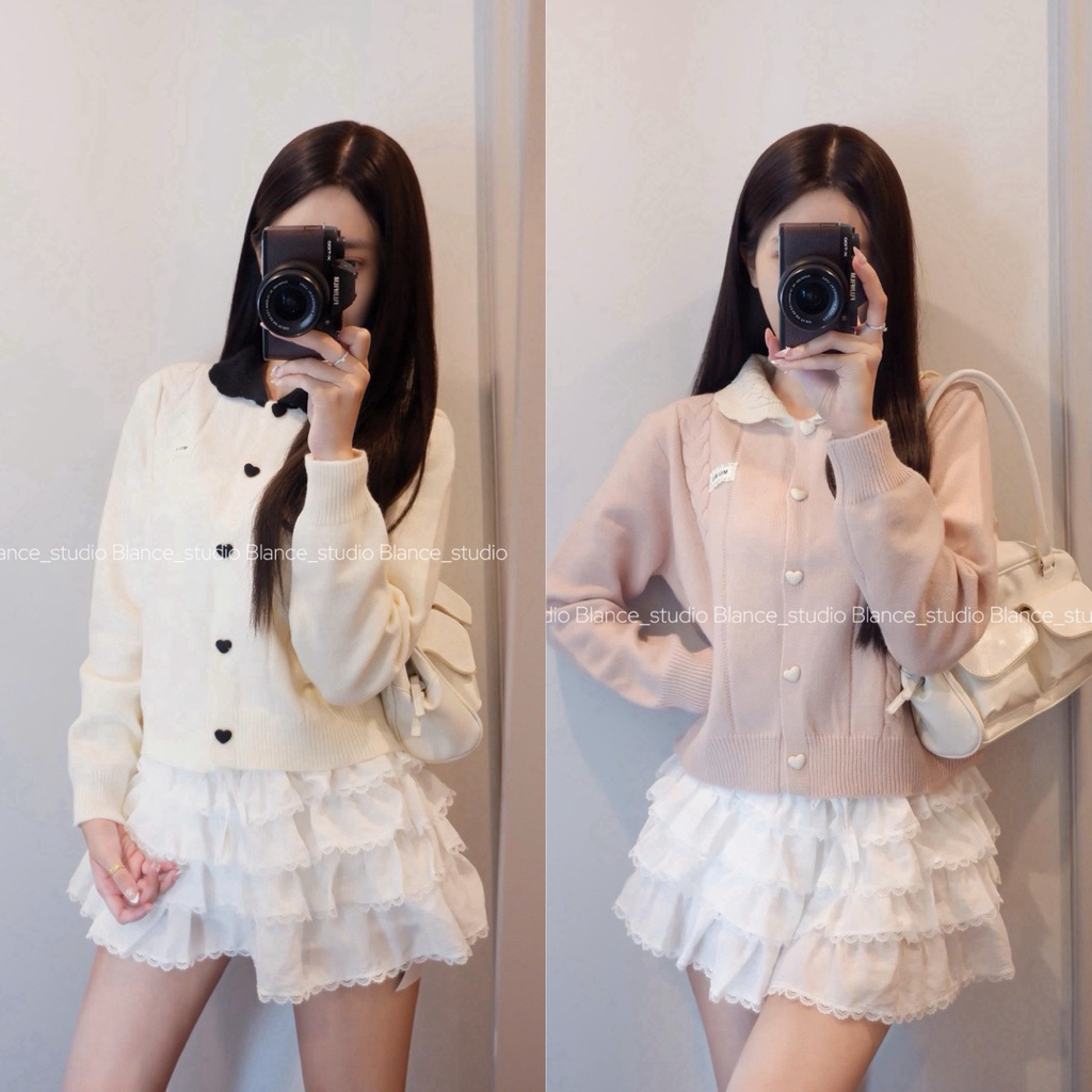 BLANCE STUDIO/ Áo len dày dặn dáng cổ tròn cúc tim mimi