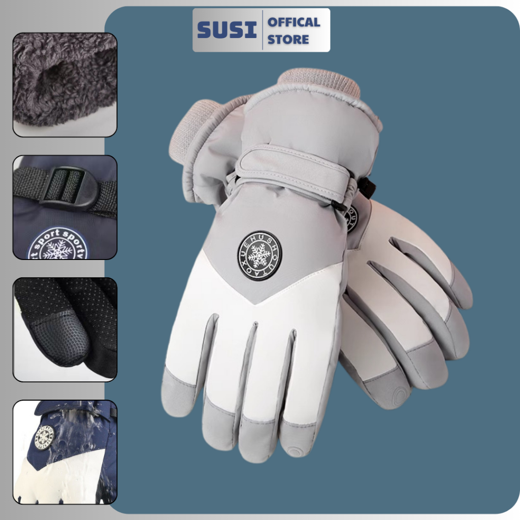 Găng tay mùa đông thiết kế dày dặn chống nước, bên trong lót nỉ bông ấm áp. tích hợp cảm ứng điện thoại SUSI